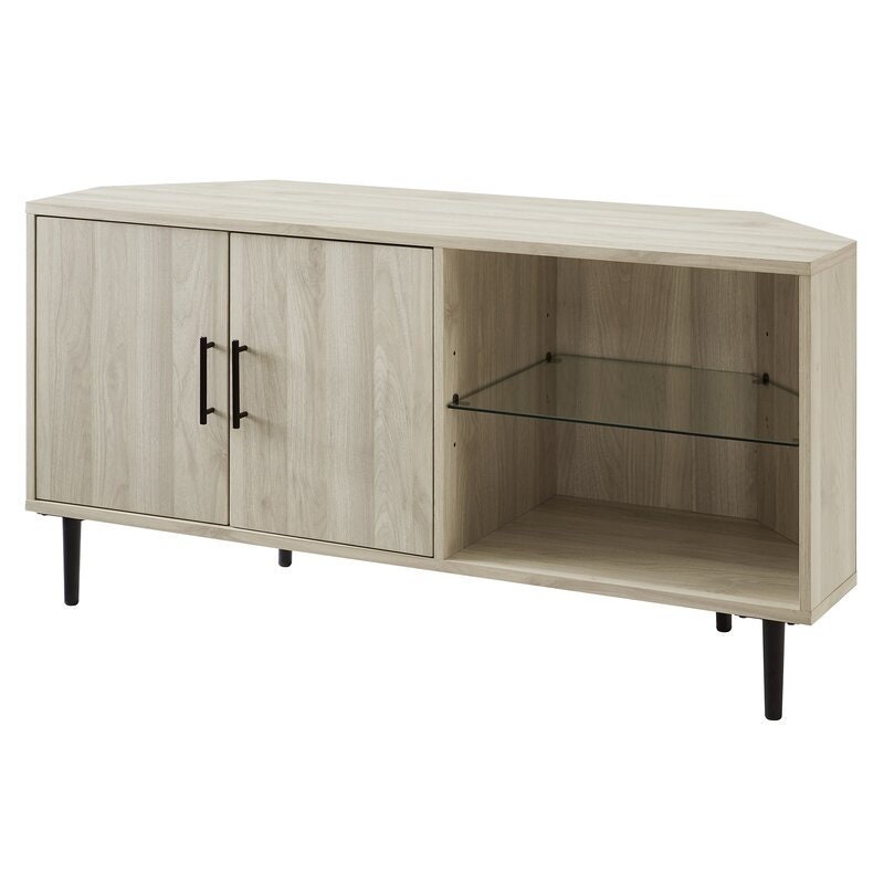 Birch Corner TV Stand Elevate your Living Room, Or Office with this Modern Corner TV Stand. The Two Doors and Sleek Tempered Safety Glass