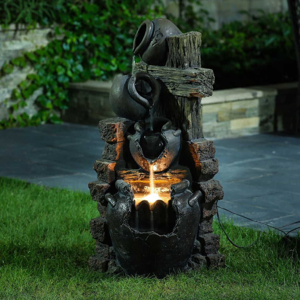 Resin Cascading Pots Fountain with Light This rustic Outdoor Fountain Features Tiered Aged Jugs Flowing Water Down, Warm Addition