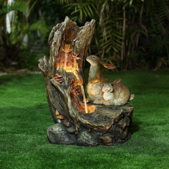 Resin Bunnies Outdoor Fountain with LED Lights Enjoy your Outdoor Living Area with These Bunnies  Resting on a Tree Stump Patio Fountain