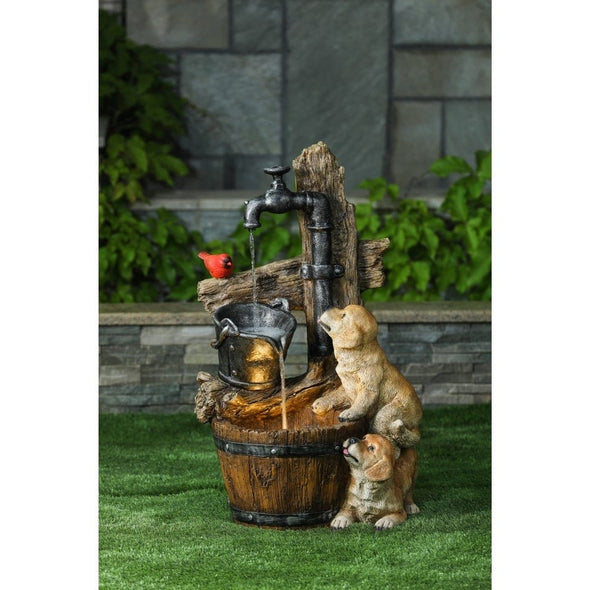 Resin Puppies and Water Pump Outdoor Patio Fountain with LED Light Bring the Joy and Whimsy to Your Outdoor Living Area