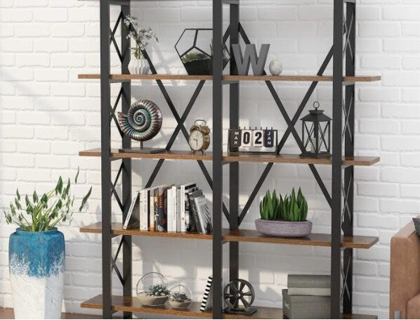 Double Wide 5-Shelf Bookshelf, Rustic Industrial Display Shelves Contemporary Design Meets Rustic Industrial Style - Brown