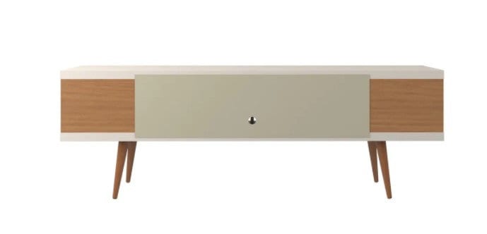 Nynashamn 70.47-inch TV Stand with Splayed Wooden Legs and 4 Shelves The Mid-Century Modern Style of this Natural Wood and Cream