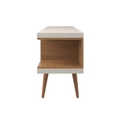 Nynashamn 70.47-inch TV Stand with Splayed Wooden Legs and 4 Shelves The Mid-Century Modern Style of this Natural Wood and Cream