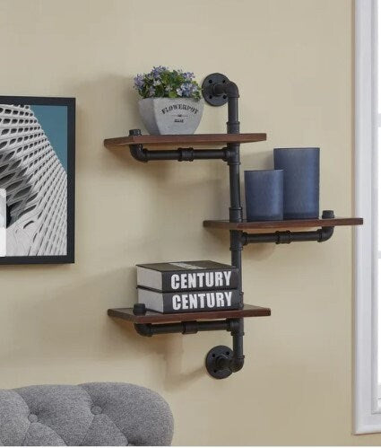 Industrial Rustic Style 3-Tier Vertical Staggered Industrial Rustic Pipe Shelves Bring an Industrial Rustic Vibe to Your Decor