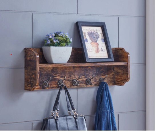 Utility Wall Shelf with Hooks - Aged Wood the decorative Look of This Rustic Utility Wall Shelf Functional and Decorative Hanging