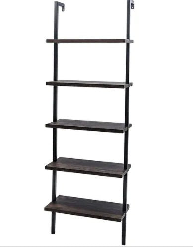 5-Shelf Wood Ladder Bookcase with Metal Frame Modern Tall Display Shelf Racks - Brown Perfect Storage for Any Space, Like Living Room