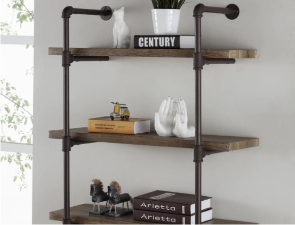 3-tier Faux Wood Industrial Pipe Wall Shelf Embrace Industrial Style with this 3-Tier Wall Shelf, The Pipe-Style Iron Frame is Fitted