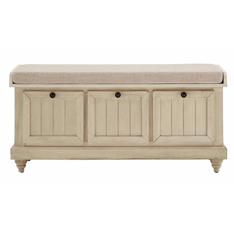 Antique White Hemmer Upholstered Flip Top Storage Bench Pulling Double Duty as a Sitting and Storage Area, The Handy Storage Bench