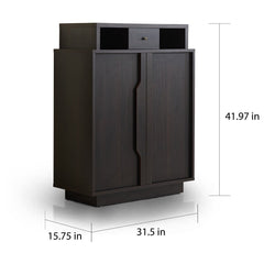 Contemporary Espresso 5-Shelf Shoe Cabinet Two Open Upper Shelves Provide Additional Storage for Jewelry Trays and Accessories