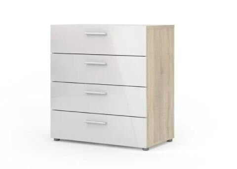 Contemporary 4-drawer Chest - Oak Structure White High Gloss Four Drawers for Storage, Steel Brackets Add Support to Bottom of Drawers