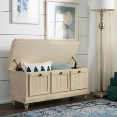Antique White Hemmer Upholstered Flip Top Storage Bench Pulling Double Duty As A Sitting and Storage Area for your Entryway or Bedroom