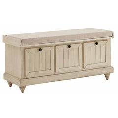 Antique White Hemmer Upholstered Flip Top Storage Bench Pulling Double Duty As A Sitting and Storage Area for your Entryway or Bedroom