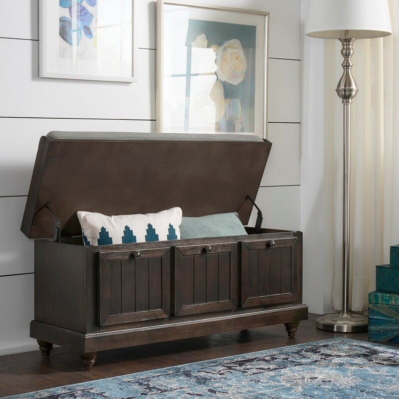Antique Black Hemmer Upholstered Flip Top Storage Bench Pulling Double Duty As A Sitting and Storage Area for your Entryway or Bedroom