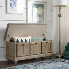 Antique Gray Hemmer Upholstered Flip Top Storage Bench Pulling Double Duty As A Sitting and Storage Area for your Entryway or Bedroom