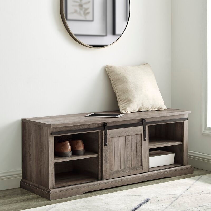 Gray Wash Chatham Square Shoe Storage Bench Two Adjustable Shelves and One Fixed Shelf Are Each Perched Inside their Own Storage Compartment