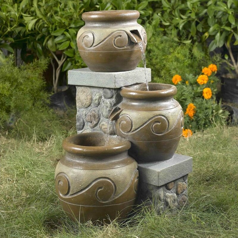 Resin Fiberglass Venice Multi Pot Outdoor Indoor Fountain Three Pots Stacked Haphazardly Water Flowing Serenely from One to the Next