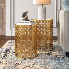 Drum Nesting Tables Set of Two Cylindrical Tables is Crafted From Metal with A Gold Finish for A Pop of Glamour Wherever They Rest