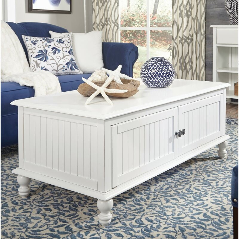 Beach White Solid Wood Coffee Table with Storage Perfect for Space Saving Great for your Living Room