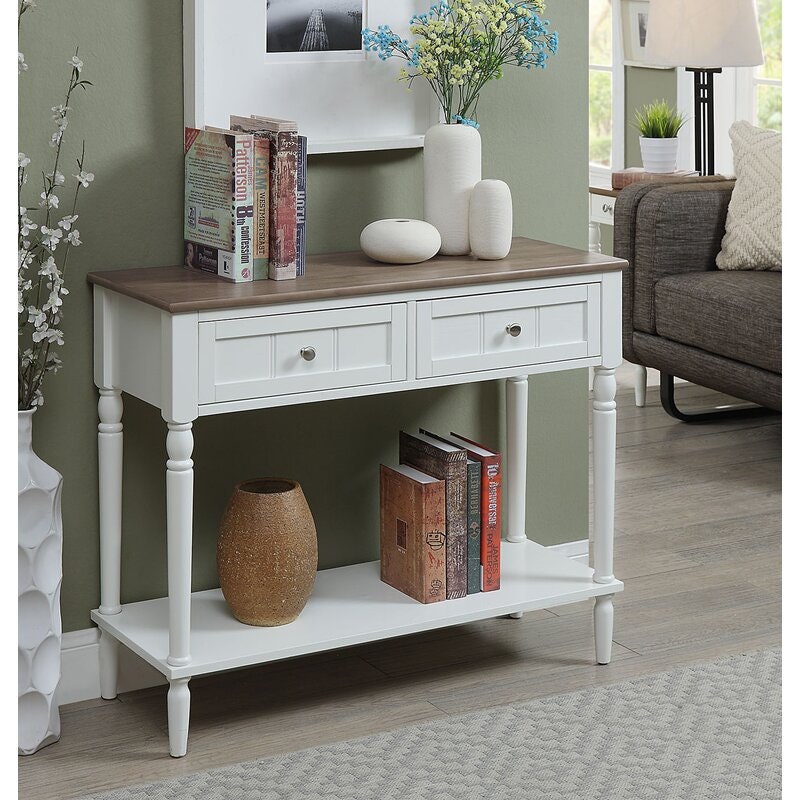 Driftwood White Durante Console Table Open Lower Shelf is Perfect for Displaying A Row of Books or Keeping Baskets Full of Folded Throws