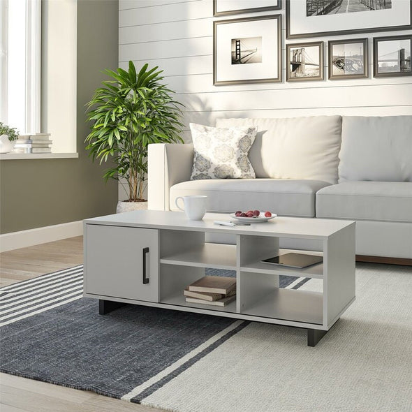 Dove Gray Sled Coffee Table with Storage Get Extra Storage in your Living Room with this Coffee Table. 4 Open Shelves