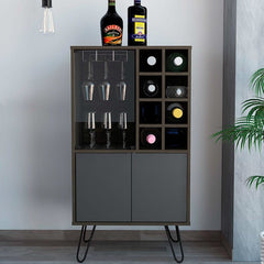 Brown Bar with Wine Storage  Compact Bar Cabinet that Can Hold your Favorite Wines and Liquors Door Compartment To Hang your Wine Glasses