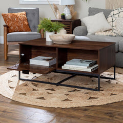 Dark Walnut Sled Coffee Table with Storage Two Open Compartments for Easy Access Organization Piece for your Living Room