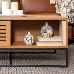 English Oak Sled Coffee Table with Storage Two Open Compartments for Easy Access Organization Piece for your Living Room