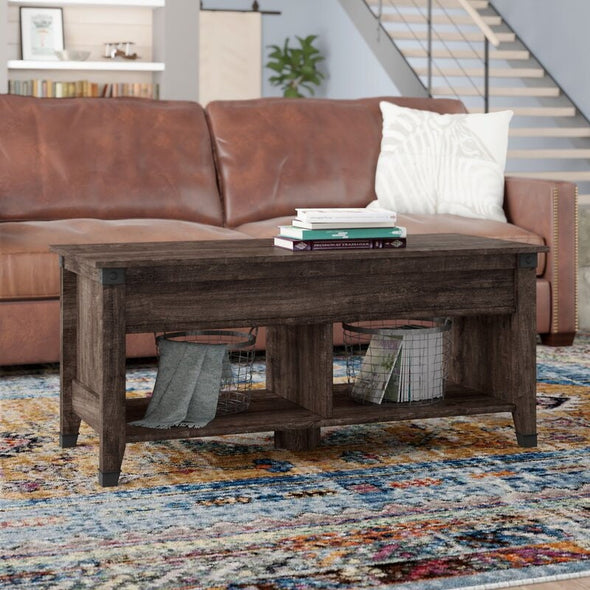 Coffee Oak Lift Top 4 Legs Coffee Table with Storage Lower Open Shelf Provides you with Even More Space Organizing Bins, Board Games
