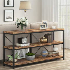 Brown Solid Wood Console Table for Any Entry Hall. Finished Pine Beautifully Highlights Two Woven Rattan Pull-Out Baskets