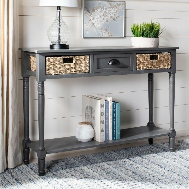 Gray Solid Wood Console Table for Any Entry Hall. Finished Pine Beautifully Highlights Two Woven Rattan Pull-Out Baskets