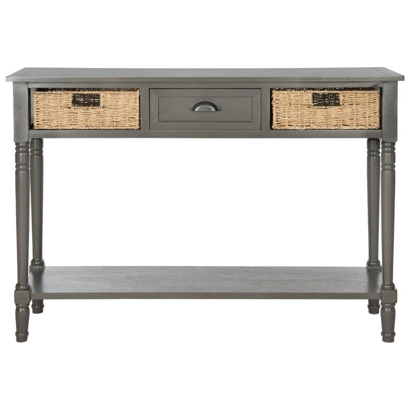 Gray Solid Wood Console Table for Any Entry Hall. Finished Pine Beautifully Highlights Two Woven Rattan Pull-Out Baskets
