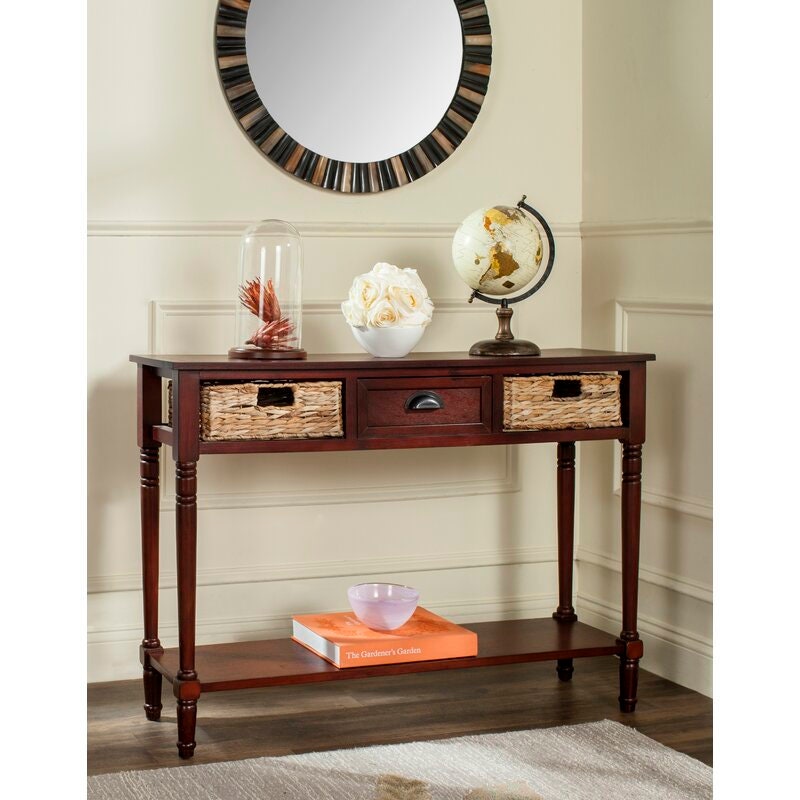 Dark Cherry Solid Wood Console Table for Any Entry Hall. Finished Pine Beautifully Highlights Two Woven Rattan Pull-Out Baskets