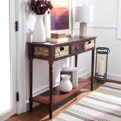 Dark Cherry Solid Wood Console Table for Any Entry Hall. Finished Pine Beautifully Highlights Two Woven Rattan Pull-Out Baskets