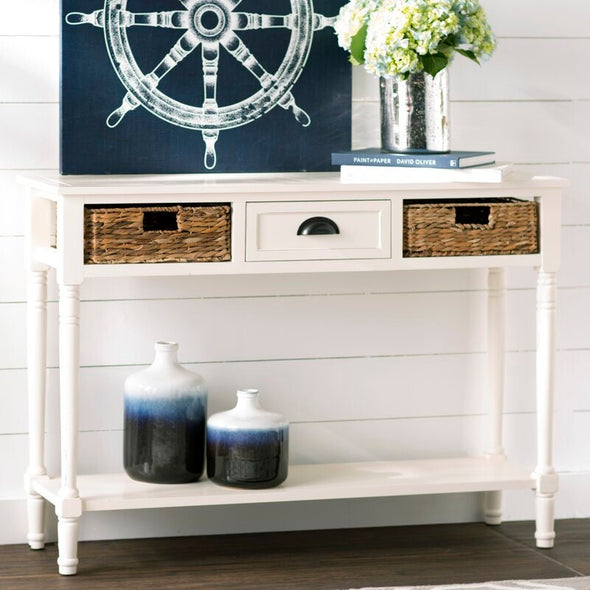 Distressed White Solid Wood Console Table for Any Entry Hall. Finished Pine Beautifully Highlights Two Woven Rattan Pull-Out Baskets