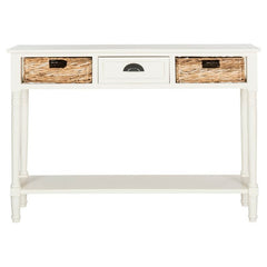 Distressed White Solid Wood Console Table for Any Entry Hall. Finished Pine Beautifully Highlights Two Woven Rattan Pull-Out Baskets