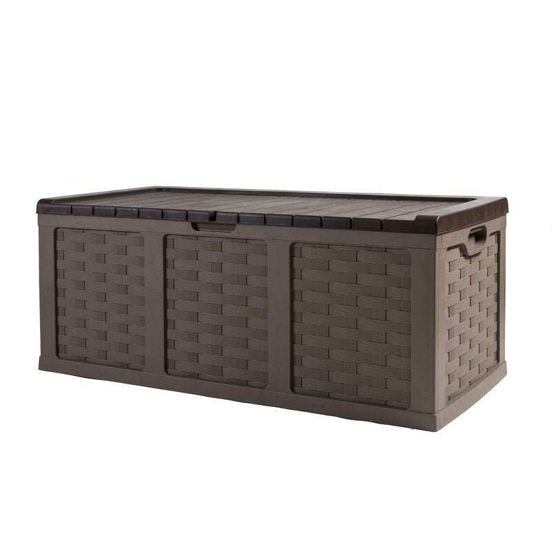 Mocha Brown 153 Gallons Water Resistant Plastic Lockable Deck Box  Ideal Storage Space for Extra Cushions, Patio Accessories