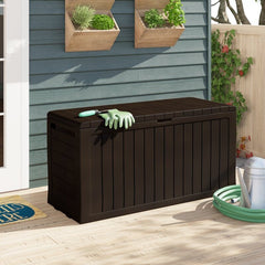 71 Gallons Gallon Water Resistant Lockable Deck Box with Wheels in Dark Brown Large Storage Capacity Can Hold up to 71 Gallons