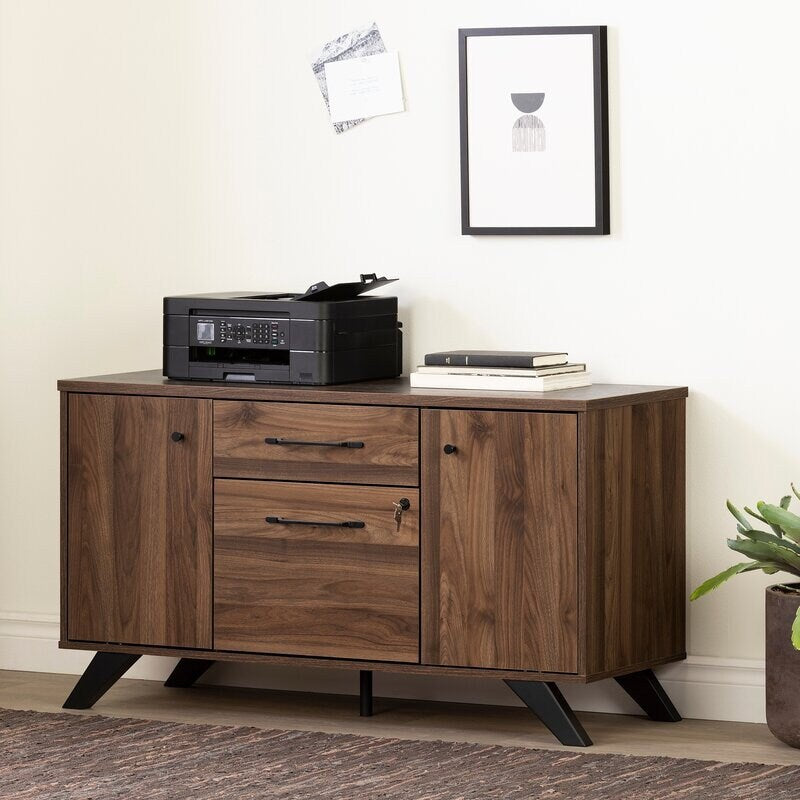 Natural Walnut 2 - Drawer 2 - Shelf Filing Credenza Two Fixed Shelves and An Adjustable One Help you Be Even More Organized