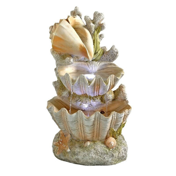 Resin Ocean's Bounty Cascading Shell Garden Fountain with LED Light your Garden or On Your Patio. Three Levels of Cascading Streams Flow