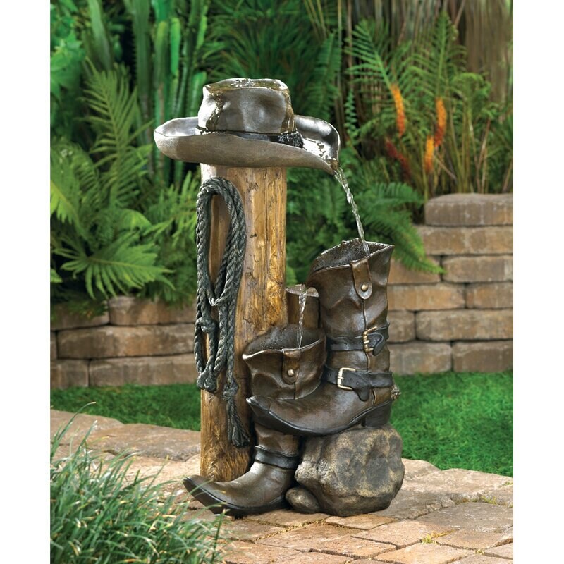 Resin Bancroft Boots Water Fountain Hat and a Rope Are all Here to Enhance your Yard with a Touch of the Wild West