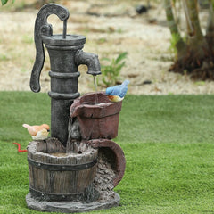 Resin Fountain Give your Garden Or Patio A Whimsical Touch With The Rustic Water Pump, and Two Birds Perched on the Pots