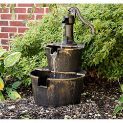 Resin 2-Tier Barrel Fountain Addition to your Backyard Allows Water To Stream Its Way Down from the Old-Fashioned Pump Handle