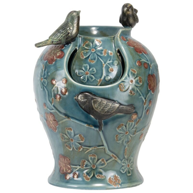 Ceramic Verdigris Songbird Fountain Light These Songbirds Dance Along The Edge of the Light Fountain with Accents Of Flowers
