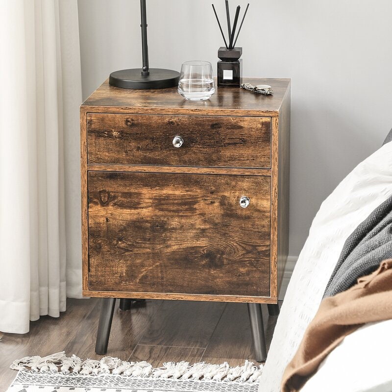1 - Drawer Nightstand in Rustic Brown Place Inspiring Photos and Scented Candles Keep Everything you Need for Bed at your Side
