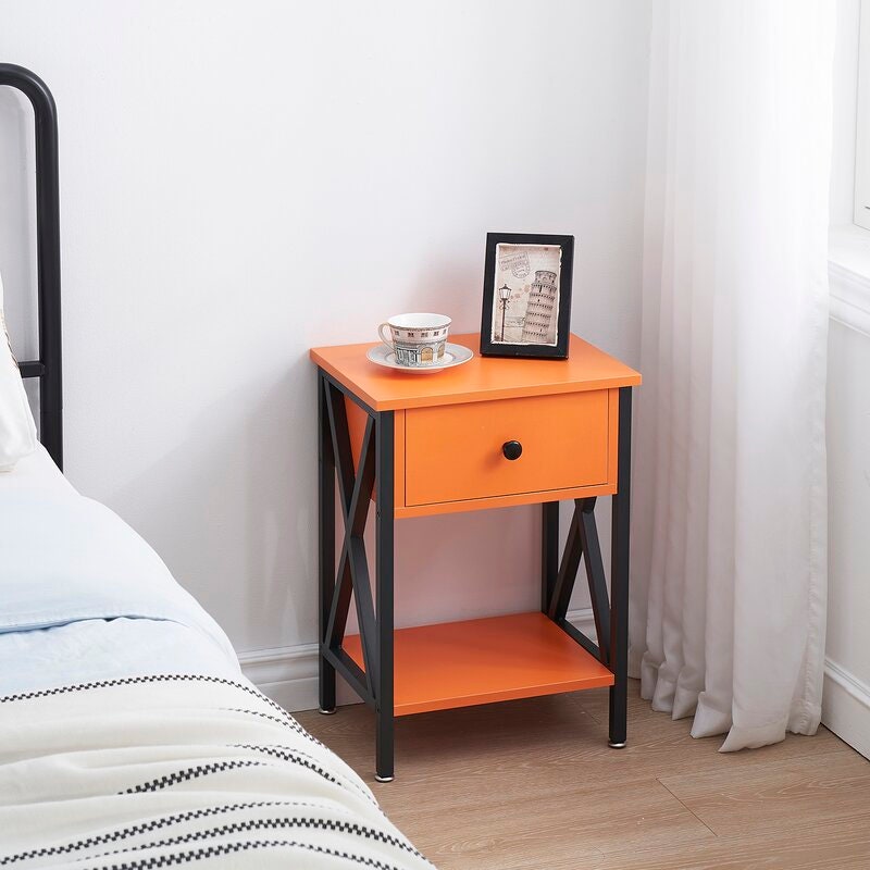 Orange 1 - Drawer Iron Nightstand Addition to your Bedside Decor. Drawer and Open Shelf Provide Storage for Nighttime Essentials