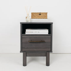 1 - Drawer Nightstand in Warm Gray Creates A Modern Sense of Harmony in your Room Goldtone Handles Add An Authentically Modern Touch