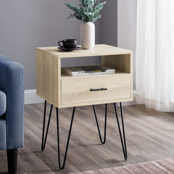 Birch 1 Drawer Nightstand hairpin legs. Stage it in A Living Room, Or Bedroom.Storage Provides A Simple Way To Organize Any Room