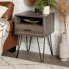 Slate Gray 1 Drawer Nightstand hairpin legs. Stage it in A Living Room, Or Bedroom.Storage Provides A Simple Way To Organize Any Room