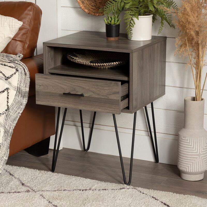 Slate Gray 1 Drawer Nightstand hairpin legs. Stage it in A Living Room, Or Bedroom.Storage Provides A Simple Way To Organize Any Room