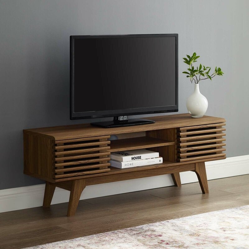 TV Stand for TVs up to 50" Adjustable Shelf On Both Sides, Three Cable Management Holes, and Two Sliding Doors for Easy Access to Shelf